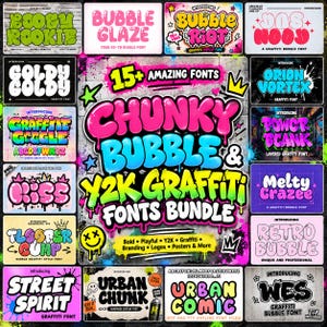 May include: A digital graphic display showcasing a bundle of 15 plus graffiti fonts with various styles including bubble, chunky, and Y2K aesthetics. The central text reads Chunky Bubble and Y2K Graffiti Fonts Bundle, surrounded by colourful font samples like Bubble Riot, Orion Vortex, and Urban Comic.