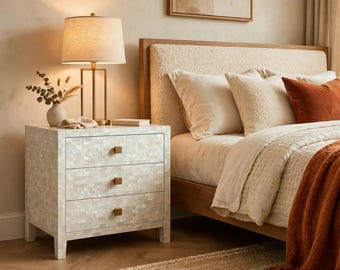Handcrafted White Bone Inlay Chest of Drawers, 3 Drawer Bedside Cabinet, Mother of Pearl Style Furniture