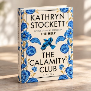 May include: A hardcover book titled The Calamity Club by Kathryn Stockett, author of The Help. The cream-colored cover features a central blue bird illustration surrounded by intricate blue and gold floral patterns with black text.