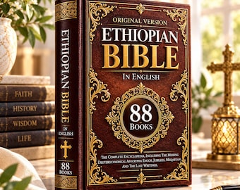 Könnte beinhalten: Ein braunes gebundenes Buch mit dem Titel Ethiopian Bible in English, goldener Prägeschrift und verzierten Rändern. Auf dem Einband steht 88 Books sowie ein Untertitel, der die vollständige Enzyklopädie und verlorene Schriften erwähnt.