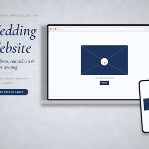 Op de afbeelding: Een digitale trouwwebsite-sjabloon uit de Coastal Navy Collection, weergegeven op een laptop en smartphone. Het scherm toont een marineblauwe envelopafbeelding met een H&C-monogram, een RSVP-formulier, een aftelklok en een open-knop.