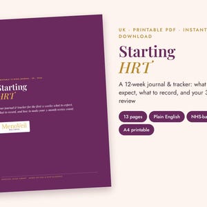 May include: A purple A4 printable journal and tracker titled Starting HRT. The document includes 13 pages in plain English, based on NHS guidelines, designed to record the first 12 weeks of hormone replacement therapy and prepare for a 3-month review.
