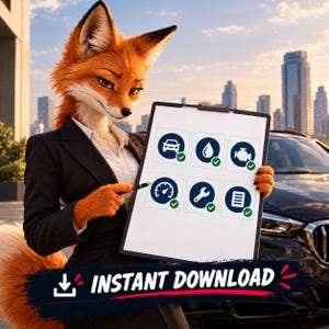 May include: A clipboard featuring six circular icons representing a car, oil drop, engine, speedometer, wrench, and document, each marked with a green checkmark. The text INSTANT DOWNLOAD is displayed at the bottom in white with a red underline.