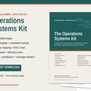 Könnte beinhalten: Ein druckbares Operations Systems Kit mit 20 Seiten, einschließlich SOP-Vorlagen, Prozessabbildungen, RACI-Diagrammen, Ursachenanalyse-Tools und Lieferanten-Trackern. Das Dokument ist ein US-Letter-PDF in Dunkelgrün und Creme mit Text.