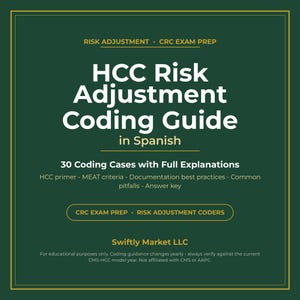 Op de afbeelding: Een donkergroene educatieve gids getiteld HCC Risk Adjustment Coding Guide in Spanish. Het bevat 30 codeergevallen, MEAT-criteria, best practices voor documentatie, veelvoorkomende valkuilen en een antwoordsleutel van Swiftly Market LLC.