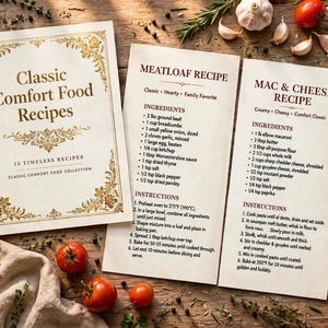 Könnte beinhalten: Eine Sammlung gedruckter Rezeptkarten mit dem Titel Classic Comfort Food Recipes, die ein Hackbraten-Rezept und ein Mac & Cheese-Rezept mit Zutatenlisten und Anleitungen enthalten, umgeben von frischen Tomaten, Knoblauch und Kräutern.