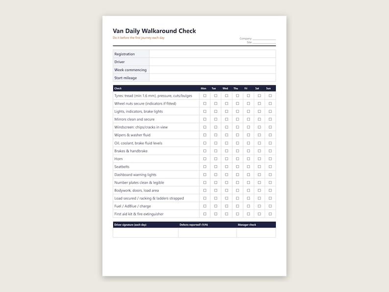 Mot Inspection Checklist Van Daily Walkaround Check Sheet | Vehicle Defect Report | Service ...
