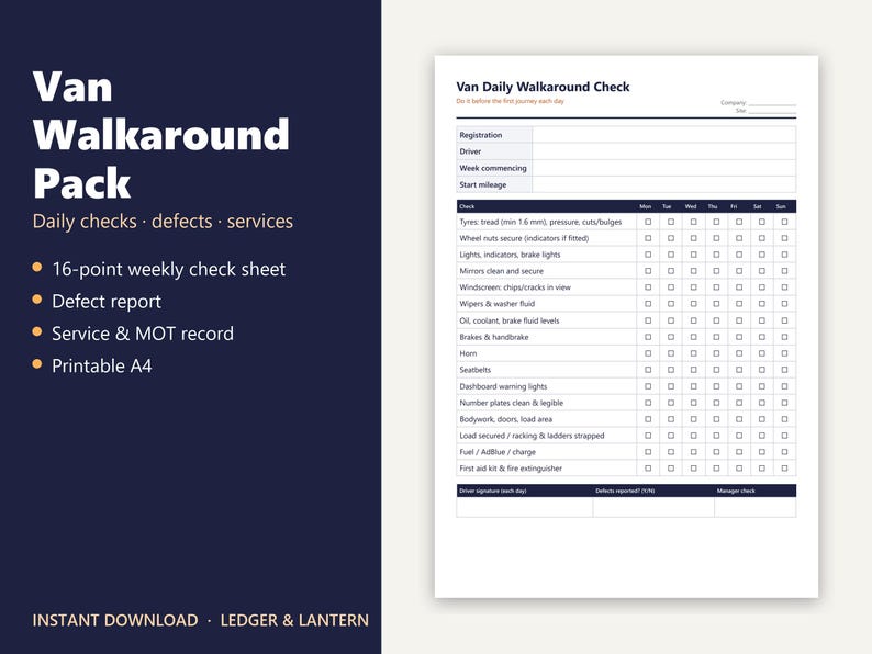 Mot Inspection Checklist Van Daily Walkaround Check Sheet | Vehicle Defect Report | Service ...