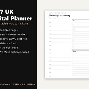 May include: A 2027 UK digital planner for e-ink tablets with 463 hyperlinked pages, Monday start, week numbers, UK bank holidays, and tax dates. The interface features right-edge navigation tabs and a daily schedule layout for Thursday 14 January.