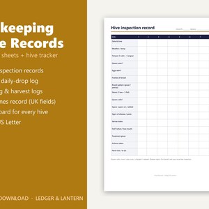 May include: A printable beekeeping hive record sheet featuring a grid for tracking hive inspections, including fields for date, weather, queen status, brood, and treatments. The document is titled Hive inspection record with space for ID.