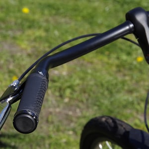 May include: Close-up of a black bicycle handlebar with black grips and a silver brake lever.