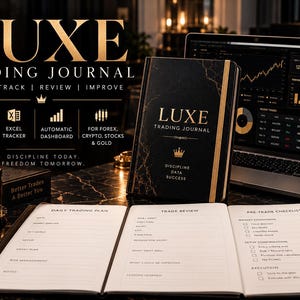 May include: A black Luxe Trading Journal with gold lettering and a marble pattern, displayed alongside an open planner page featuring Daily Trading Plan, Trade Review, and Pre-Trade Checklist sections, a laptop, a smartphone, and a black mug.