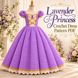 May include: A lavender crochet dress on a mannequin featuring a square neckline, puff sleeves, and a full skirt. The bodice has gold crisscross detailing and a purple gem accent. The text reads Lavender Princess Crochet Dress Pattern PDF.