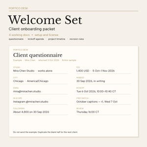 Può includere: Un pacchetto digitale di onboarding per clienti intitolato Welcome Set di Portico Desk. Include un questionario per il cliente con campi per nome dello studio, tariffa, città, email, ambito e cronologia. Testo nero su sfondo beige chiaro.