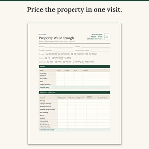 Property walkthrough sheet with lawn areas, square footage and a services and pricing table