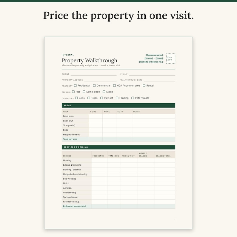Property walkthrough sheet with lawn areas, square footage and a services and pricing table