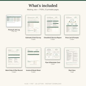 May include: A digital business document set titled What's included, featuring a working .xlsx file and 7 PDFs totalling 12 printable pages. Documents include a Pricing & Job Log, Estimate & Vent Survey, Checklist & Service Report, Price List & Prompts, Work Order & Plan Record, Invoice & Route Sheet, Flyer & Reminder Card, and a Start Here guide.