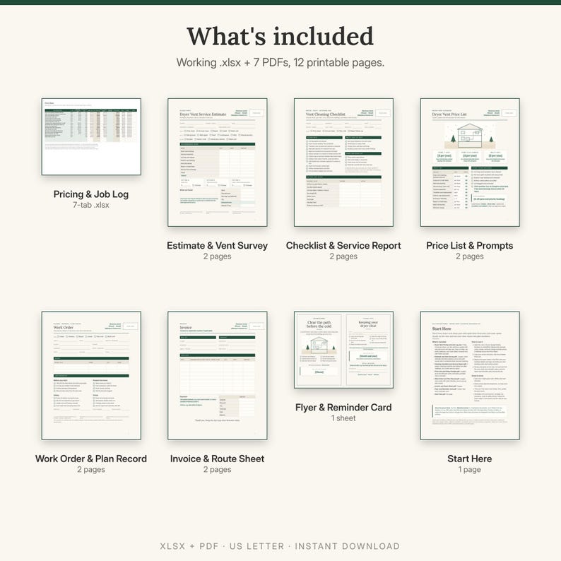 May include: A digital business document set titled What's included, featuring a working .xlsx file and 7 PDFs totalling 12 printable pages. Documents include a Pricing & Job Log, Estimate & Vent Survey, Checklist & Service Report, Price List & Prompts, Work Order & Plan Record, Invoice & Route Sheet, Flyer & Reminder Card, and a Start Here guide.