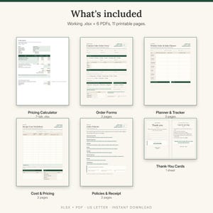 What is included: pricing calculator spreadsheet, order forms, planner and tracker, cost and pricing worksheets, policies and receipt, thank-you cards