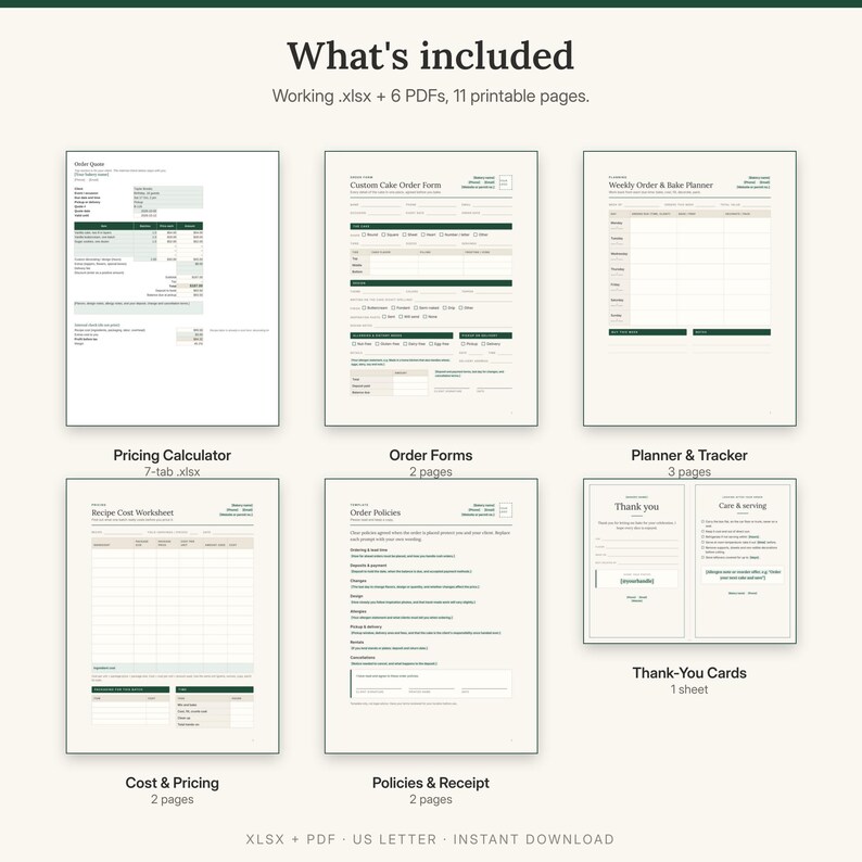 What is included: pricing calculator spreadsheet, order forms, planner and tracker, cost and pricing worksheets, policies and receipt, thank-you cards