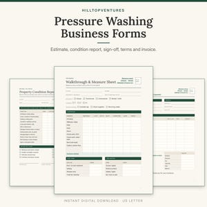 Pressure Washing Business Forms cover showing the walkthrough and measure sheet in front of the condition report and invoice