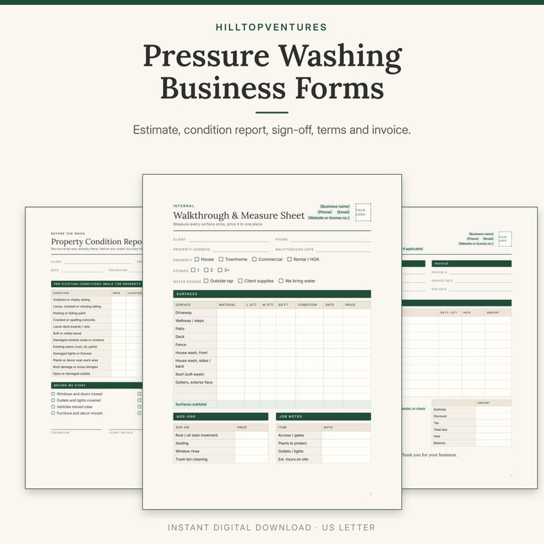 Pressure Washing Business Forms cover showing the walkthrough and measure sheet in front of the condition report and invoice