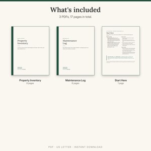 What is included: Property Inventory 8 pages, Maintenance Log 8 pages and a Start Here page