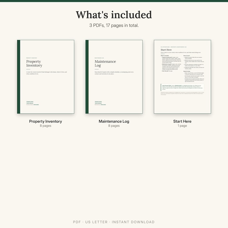 What is included: Property Inventory 8 pages, Maintenance Log 8 pages and a Start Here page