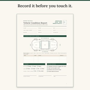 Vehicle condition report with a top-view car diagram, damage codes, notes table and interior checks