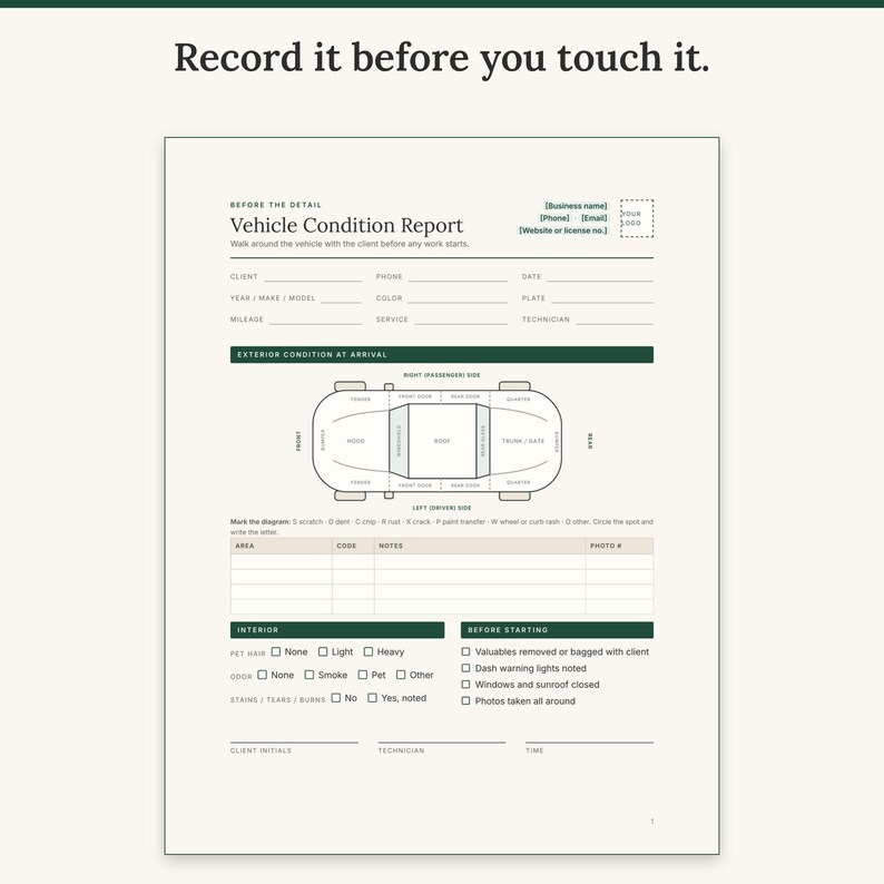 Vehicle condition report with a top-view car diagram, damage codes, notes table and interior checks