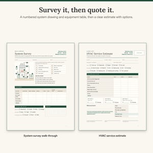 Op de afbeelding: Twee witte gedrukte formulieren getiteld System Survey en HVAC Service Estimate. Het onderzoek bevat een genummerd diagram van HVAC-apparatuur en tabellen voor het vastleggen van systeemdetails. Het schattingsformulier bevat selectievakjes.