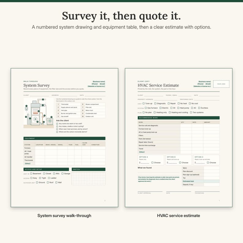 Op de afbeelding: Twee witte gedrukte formulieren getiteld System Survey en HVAC Service Estimate. Het onderzoek bevat een genummerd diagram van HVAC-apparatuur en tabellen voor het vastleggen van systeemdetails. Het schattingsformulier bevat selectievakjes.