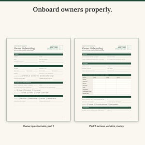 Two-page owner onboarding questionnaire covering the property, rules, goals, access, vendors and money