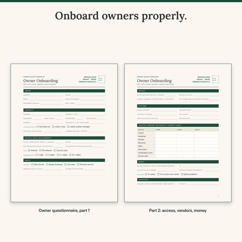 Two-page owner onboarding questionnaire covering the property, rules, goals, access, vendors and money
