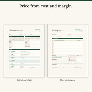 Estimate worksheet with gallons, hours and pricing steps next to the client painting quote with signature lines