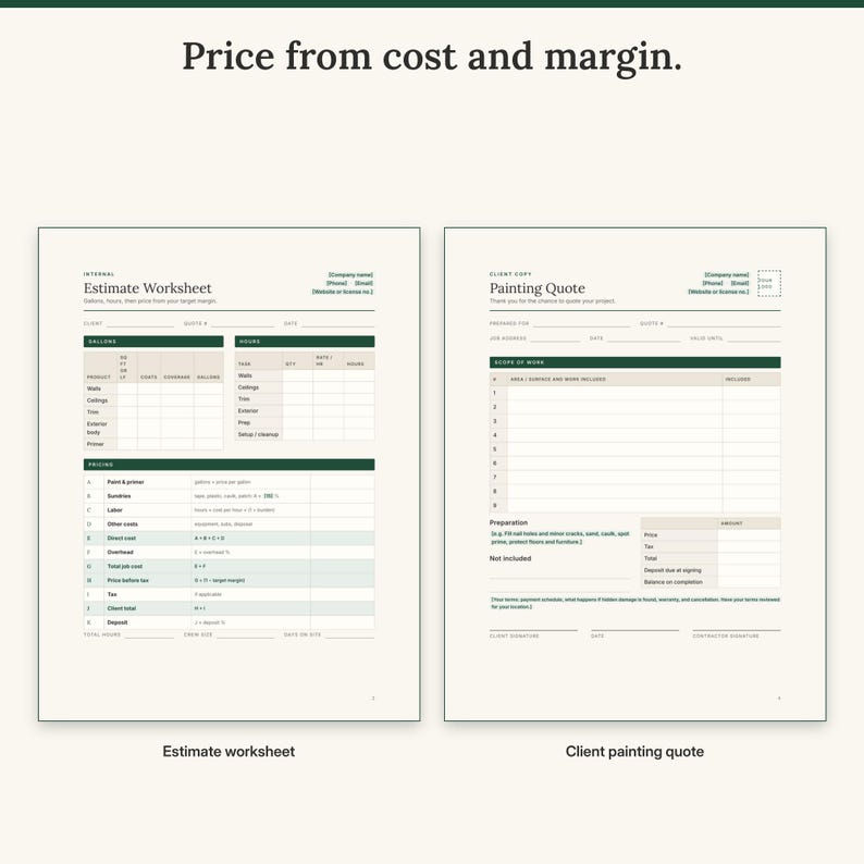 Estimate worksheet with gallons, hours and pricing steps next to the client painting quote with signature lines