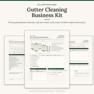 May include: A Gutter Cleaning Business Kit featuring a pricing spreadsheet, estimate, roof plan sheet, work order, condition report, and invoice. The documents are printed on A4-sized paper with dark green text and headers on a light background.