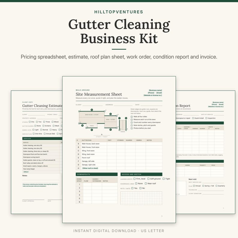 May include: A Gutter Cleaning Business Kit featuring a pricing spreadsheet, estimate, roof plan sheet, work order, condition report, and invoice. The documents are printed on A4-sized paper with dark green text and headers on a light background.