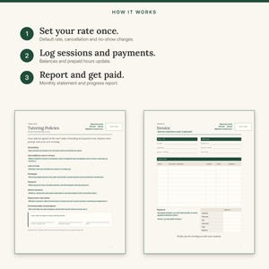 Three steps: set your rate once, log sessions and payments, then send a statement and progress report