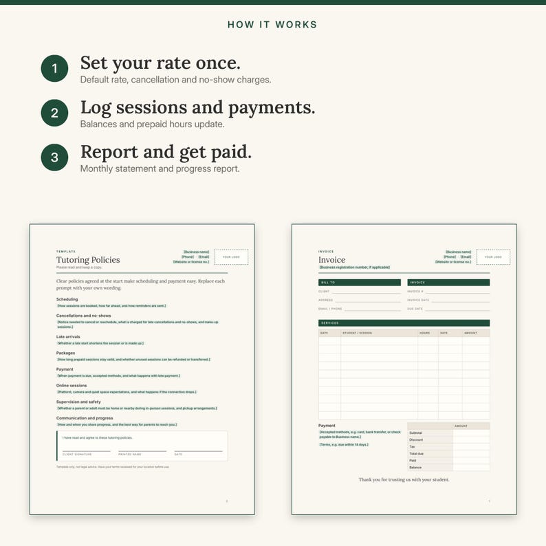 Three steps: set your rate once, log sessions and payments, then send a statement and progress report