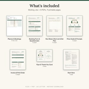 What is included: planner and bookings spreadsheet, booking form and questionnaire, run sheet, shot list and set plan, price guide and policy prompts, invoice and print order form, flyer and thank-you card, start here guide