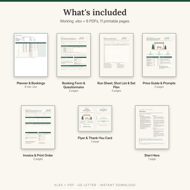 What is included: planner and bookings spreadsheet, booking form and questionnaire, run sheet, shot list and set plan, price guide and policy prompts, invoice and print order form, flyer and thank-you card, start here guide
