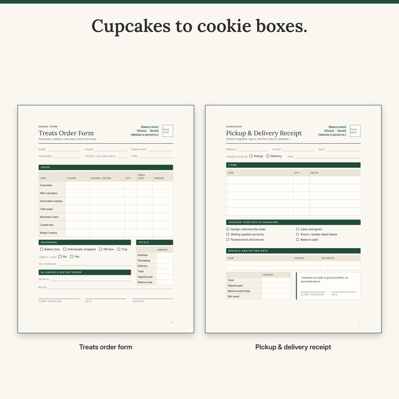Treats order form for cupcakes, cookies and cake pops next to the pickup and delivery receipt
