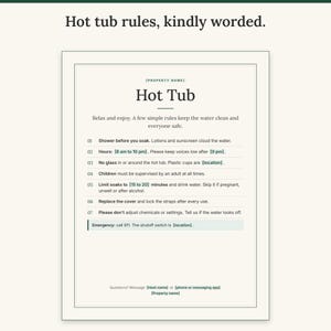 Full-page Hot Tub sign with seven numbered rules and an emergency shutoff note