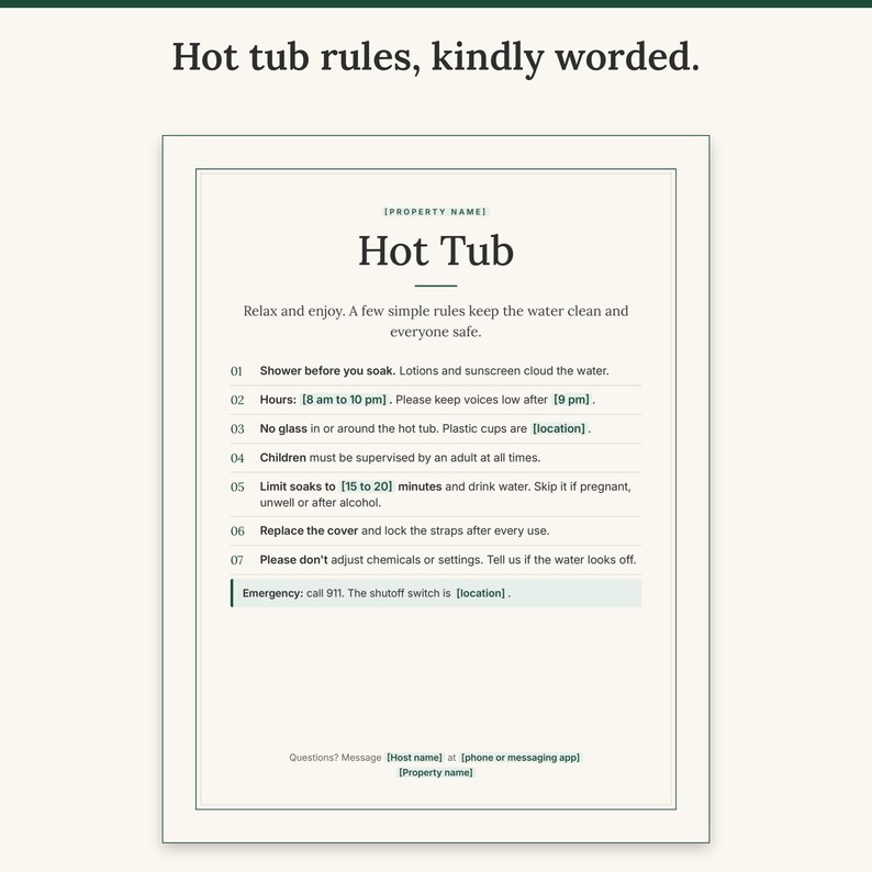 Full-page Hot Tub sign with seven numbered rules and an emergency shutoff note