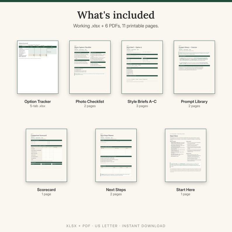 What is included: remodel option tracker spreadsheet, photo checklist, style briefs, prompt library, scorecard, next steps, Start Here