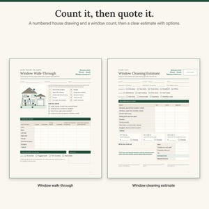 K&ouml;nnte beinhalten: Ein zweiseitiges druckbares Dokumentenset mit dem Titel Count it, then quote it. Die linke Seite ist ein Fenster-Checklisten-Formular mit einer Hauszeichnung und einer Z&auml;hltabelle. Die rechte Seite ist ein Fensterreinigungs-Kostenvoranschlag mit Feldern f&uuml;r Kundendaten, Serviceoptionen und Preise.