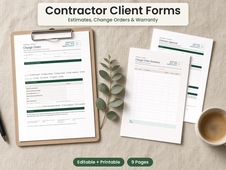 Contractor Client Forms Bundle, Estimate, Change Order, Warranty (PDF Download) image 1