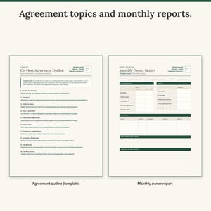 Co-hosting agreement outline with template prompts next to the monthly owner report