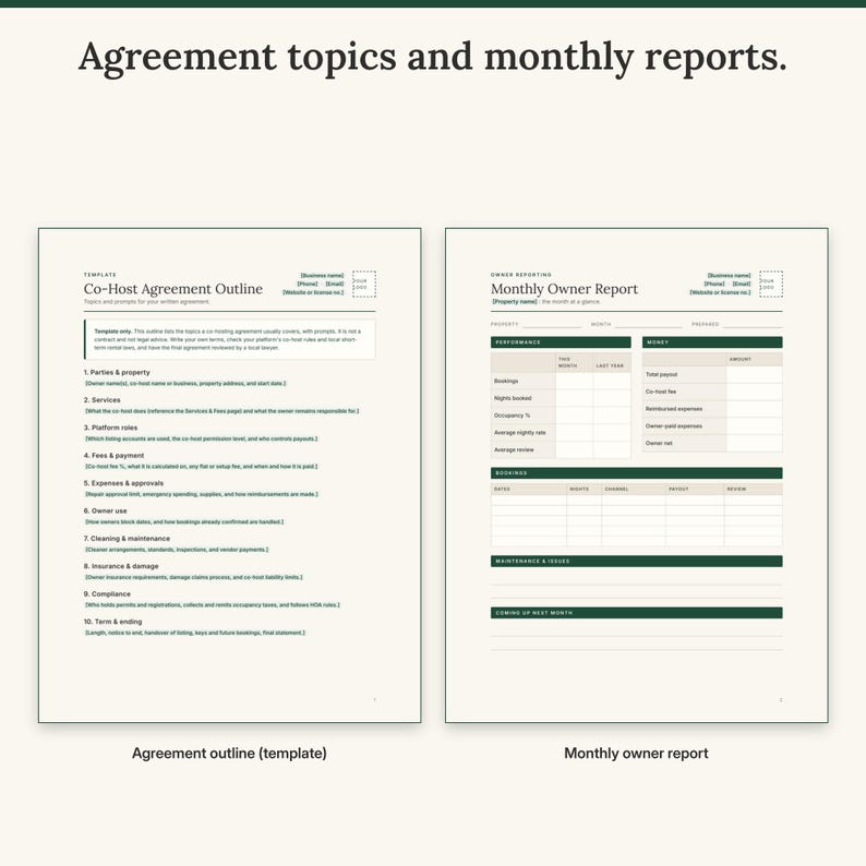 Co-hosting agreement outline with template prompts next to the monthly owner report